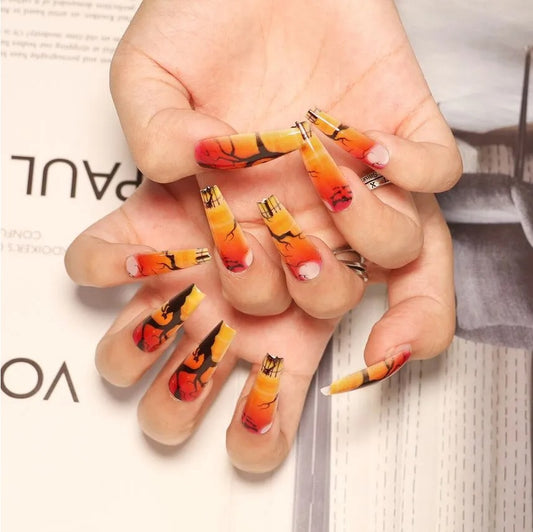 Fiery Sunset Long Coffin Press On Nails in Ombre Orange and Yellow with Unique Cracked Design