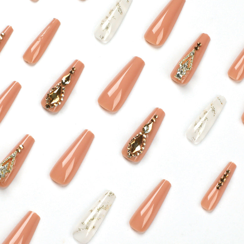 L'amor Long Coffin Beige Glam Press On Nails