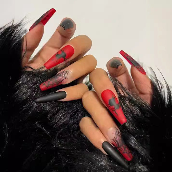 Spooky Glam Long Coffin Red and Black Press On Nail Set with Spider and Web Designs