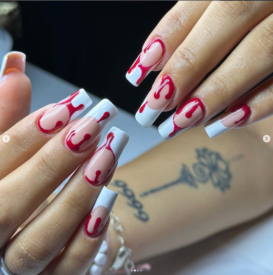 Gothic Romance Long Square Press On Nails Red Dripping Design with Glossy Finish