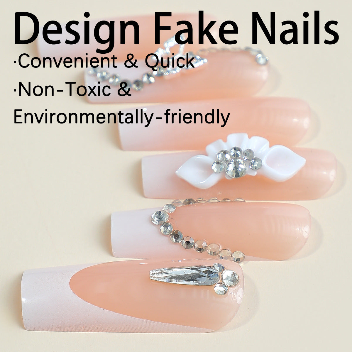 Enchanted Elegance Long Square Pale Pink Press On Nails with White Accents and Rhinestone Embellishments