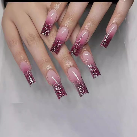 Glamorous Ombre Square Long Press On Nails Burgundy with Unique Textured Design