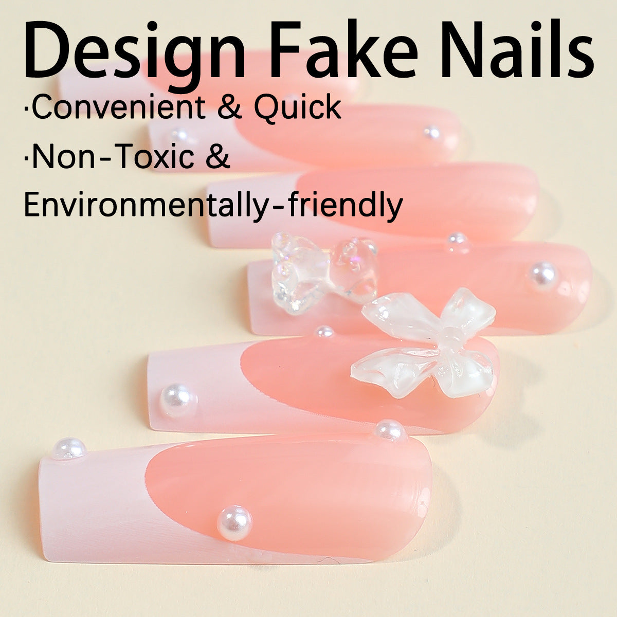 Bridal Bliss Long Square Baby Pink Press On Nails with Pearlescent Accents and Bow Charms