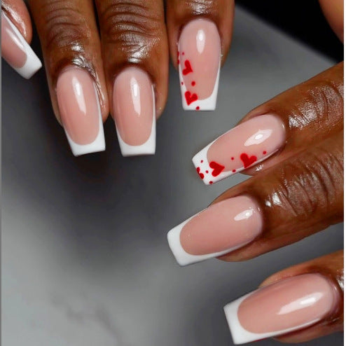 Romantic Hearts Long Coffin Press On Nail Set in Beige with White Tips and Cute Red Heart Accents