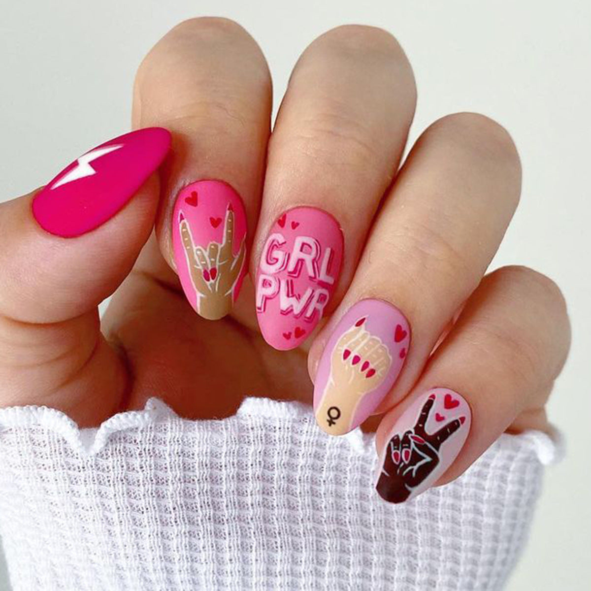 Empowerment Vibe Short Almond Pink with Heart and Empowering Graphics Nail Set