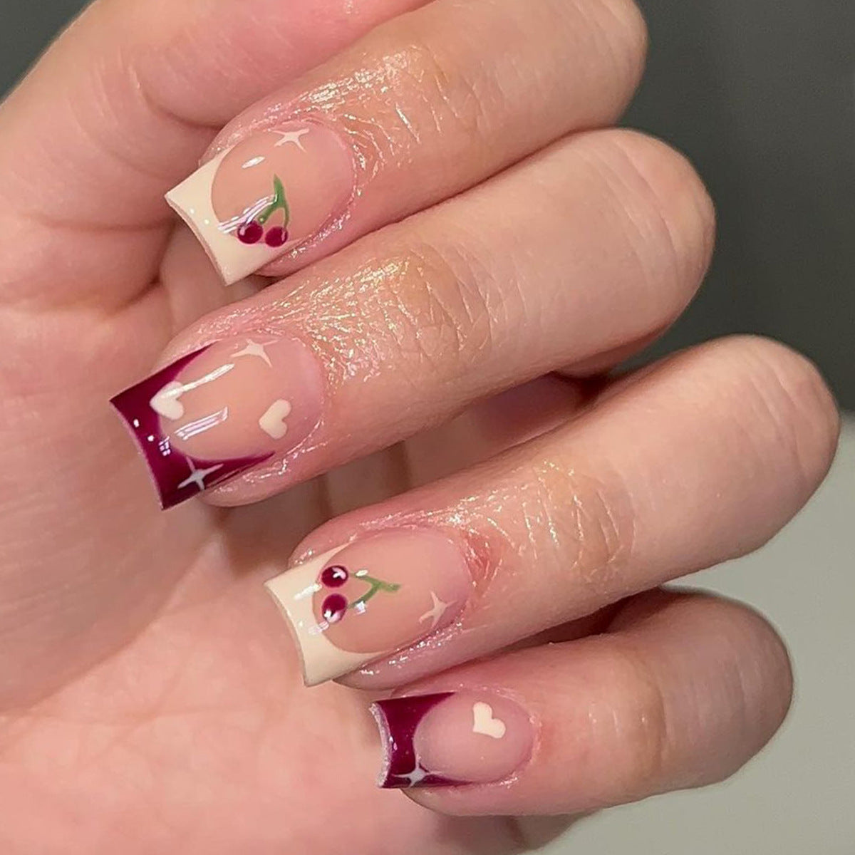 Cherry Blossom Delight Short Square Medium Burgundy and Beige Press On Nail Set with Heart and Cherry Designs