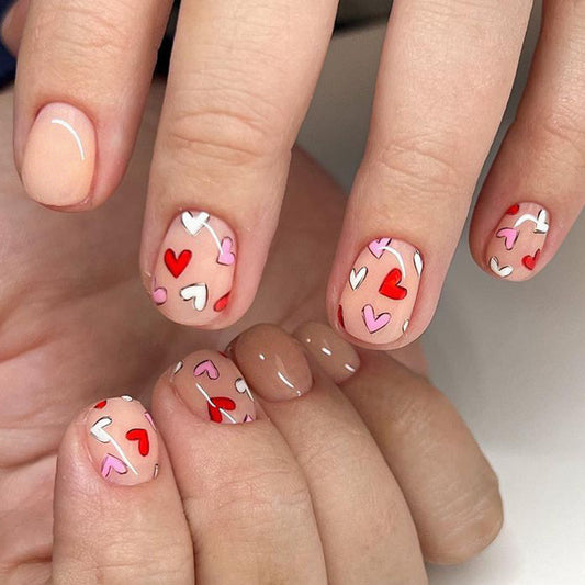 Love in Every Detail Press on Nail Set Short Squoval Pink with Heart Designs
