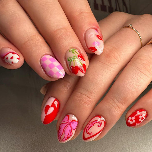 Romantic Floral Dream Short Almond Red and Pink Press on Nail Set with Unique Heart and Bow Designs