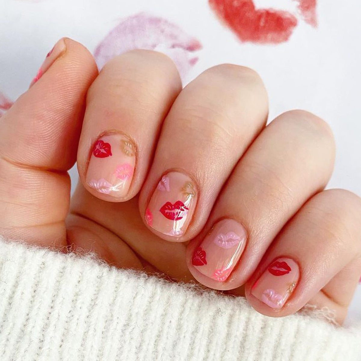 Lips of Love Charming Short Square Blush Press On Nail Set with Kiss Patterns