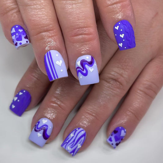 Whimsical Romance Purple Short Square Shaped Press On Nail Set with Heart Patterns and Artistic Designs