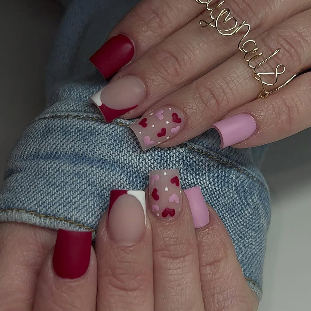 Romantic Vibes Medium Square Burgundy and Blush Press-On Nail Set with Heart Design