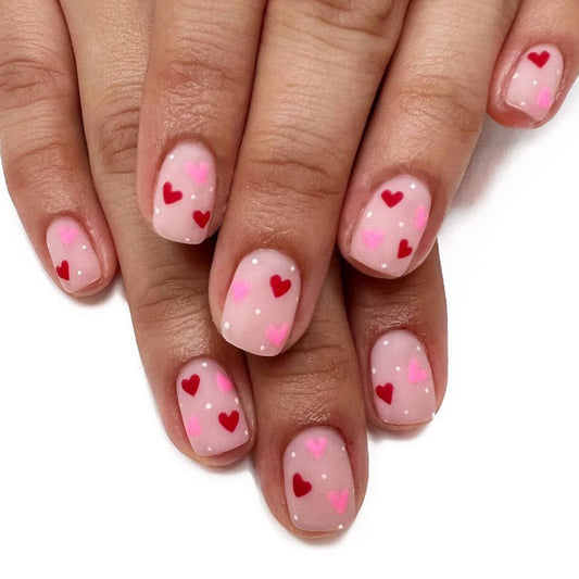 Romantic Heartfelt Love Press On Nail Set Short Square Pink and Red Heart Design with White Dots