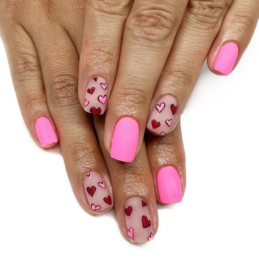 Love Struck Elegant Medium Square Hot Pink Nail Set with Whimsical Heart Design