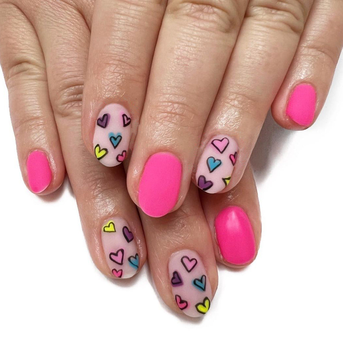 Valentine's Delight Medium Round Pink Nails with Colorful Heart Designs