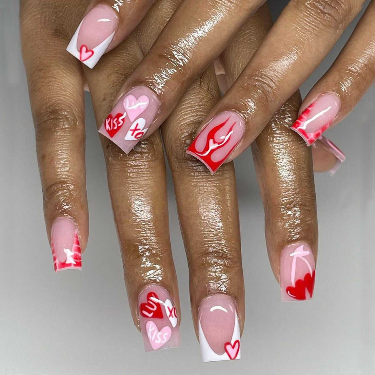 Romantic Bliss Medium Square Pastel Pink Nail Set with Heart and Flame Designs