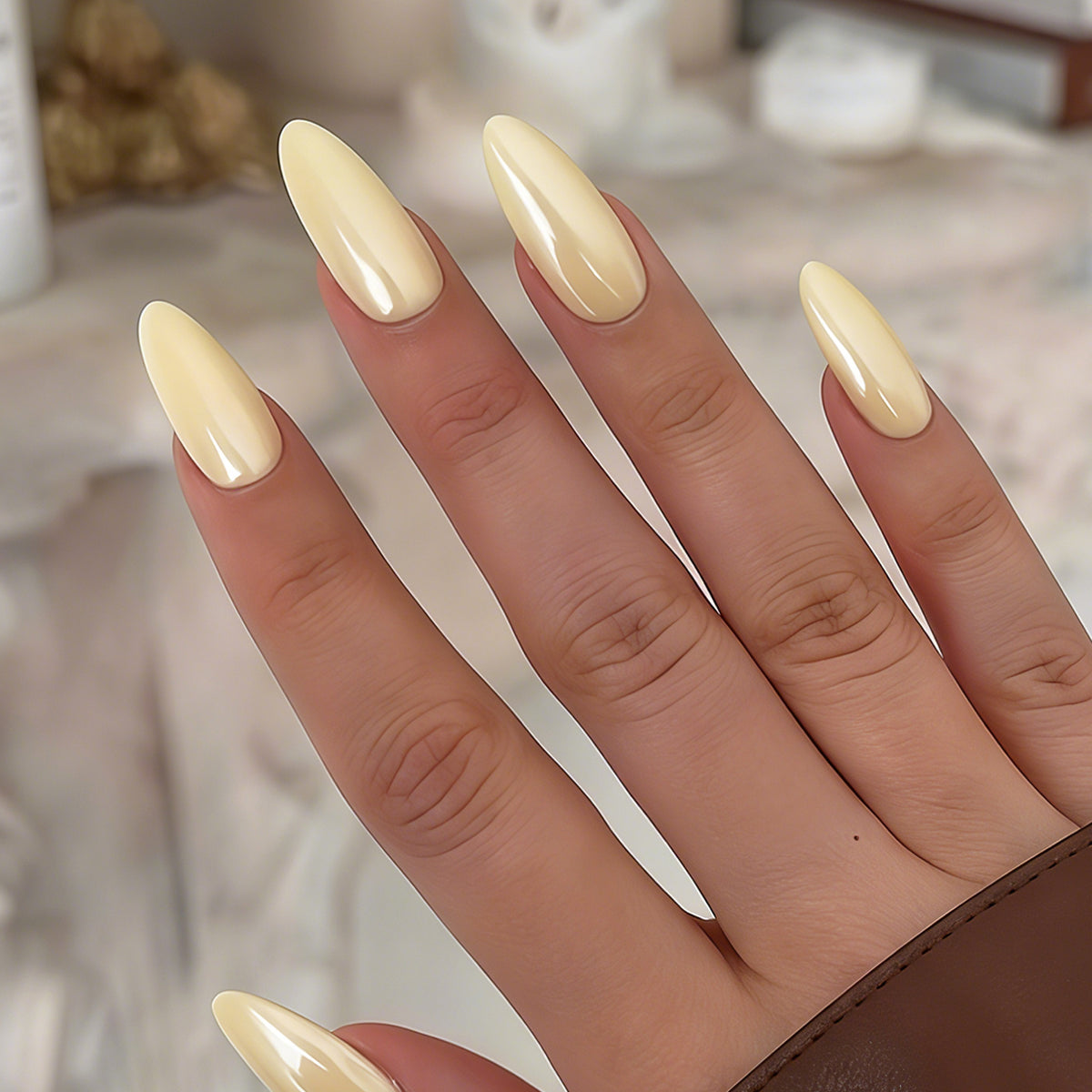 Chic Elegance Medium Almond Glossy Yellow Press On Nail Set