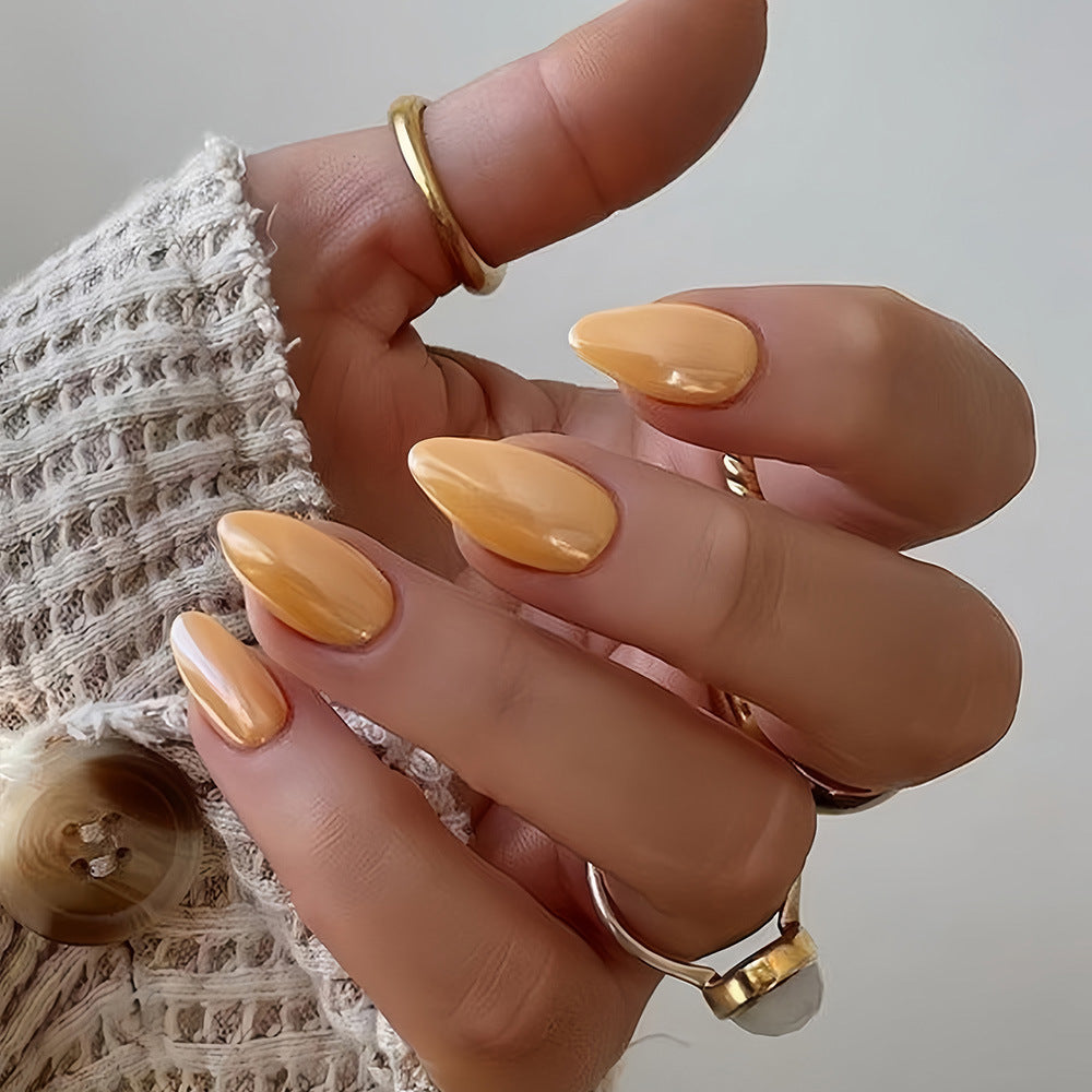 Sunset Glow Medium Almond Orange Nail Press Set with High Gloss Finish