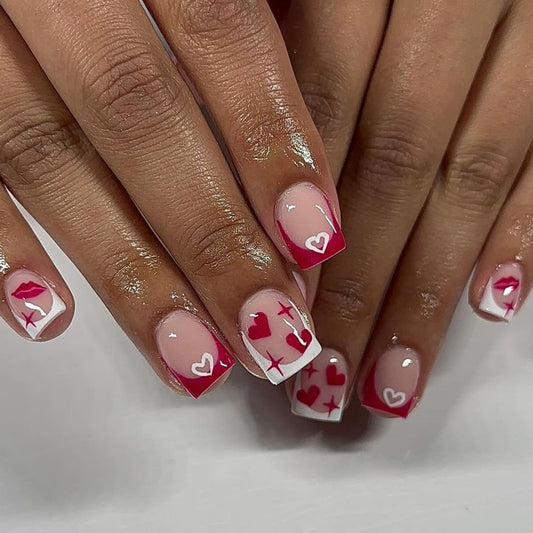 Love Struck Glamour Short Square Pink and White French Tip Press-On Nail Set with Heart and Kiss Designs