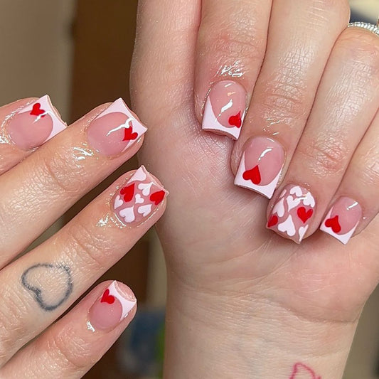 Heartfelt Romance Short Square Pink and White Press-On Nail Set with Charming Heart Accents