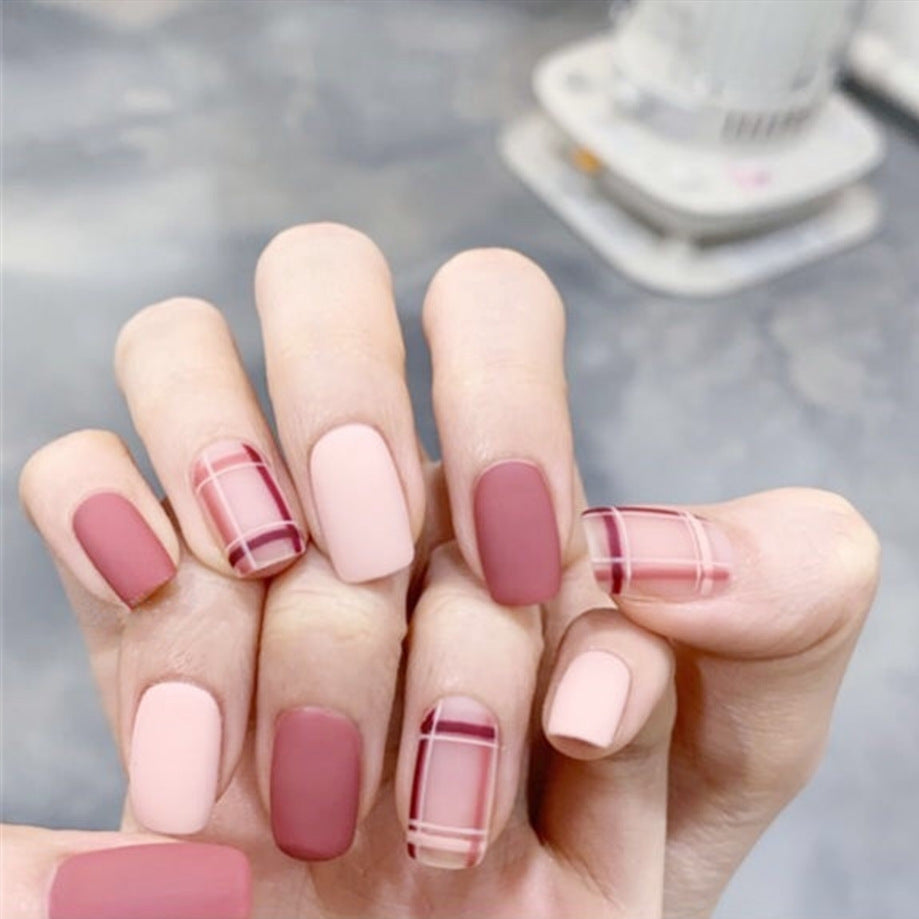 Elegant Tea-Time Medium-Length Square Pink Press On Nail Set with Plaid Accents