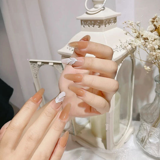 Elegant Bridal Collection Extra-Long Coffin Beige and White Marbled Press On Nail Set