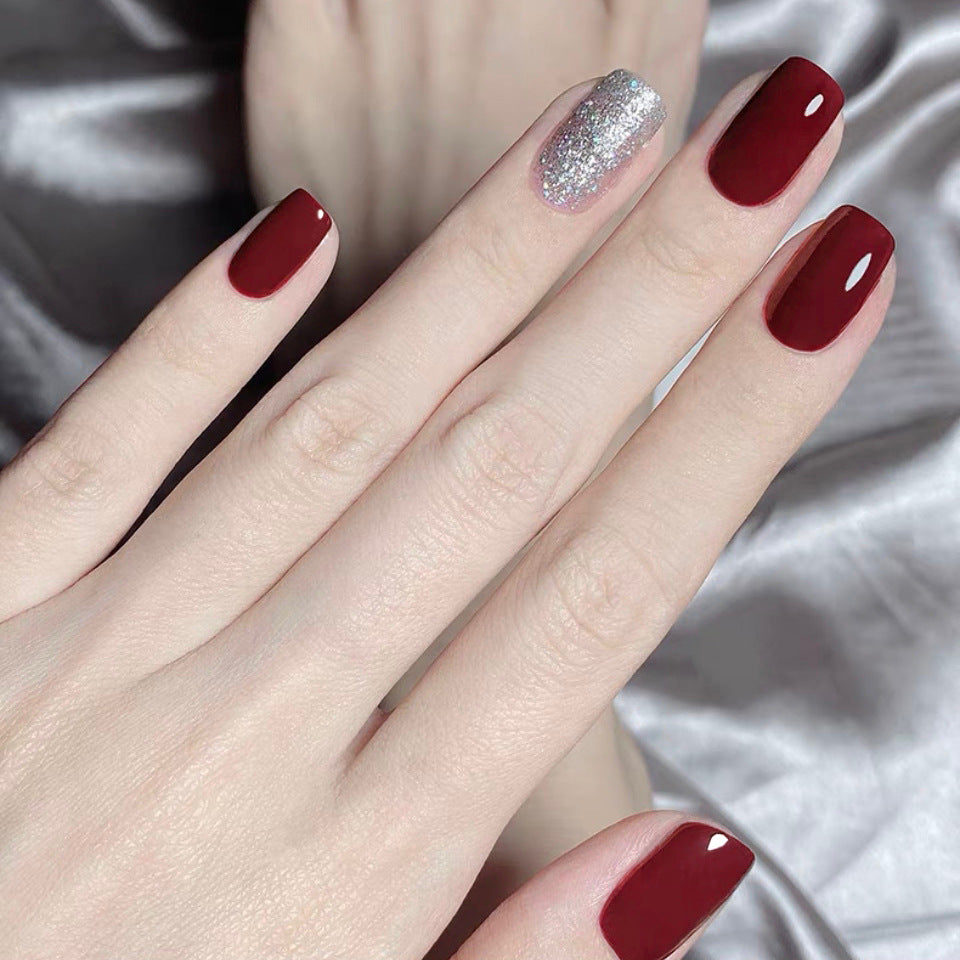 Elegant Evening Medium Square Burgundy Press On Nails with Glitter Accent