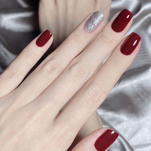 Elegant Evening Medium Square Burgundy Press On Nails with Glitter Accent
