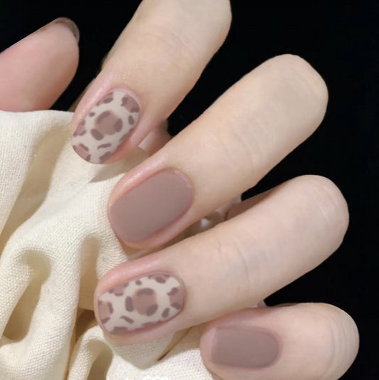 Safari Elegance Medium-Length Squoval Taupe Press On Nails with Leopard Accent Design