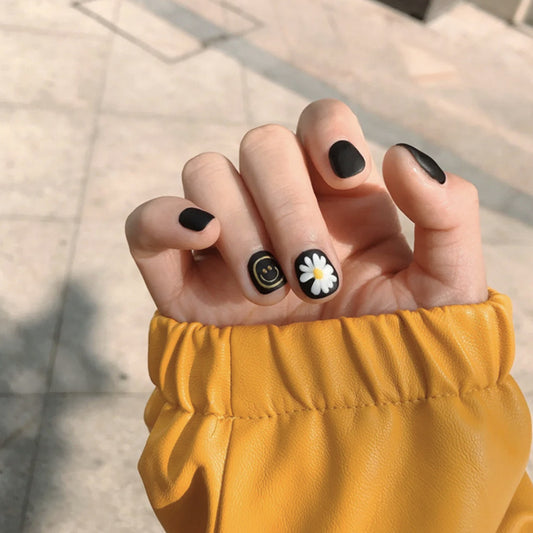 Spring Charm Short Square Matte Black Press on Nails with Daisy Accents