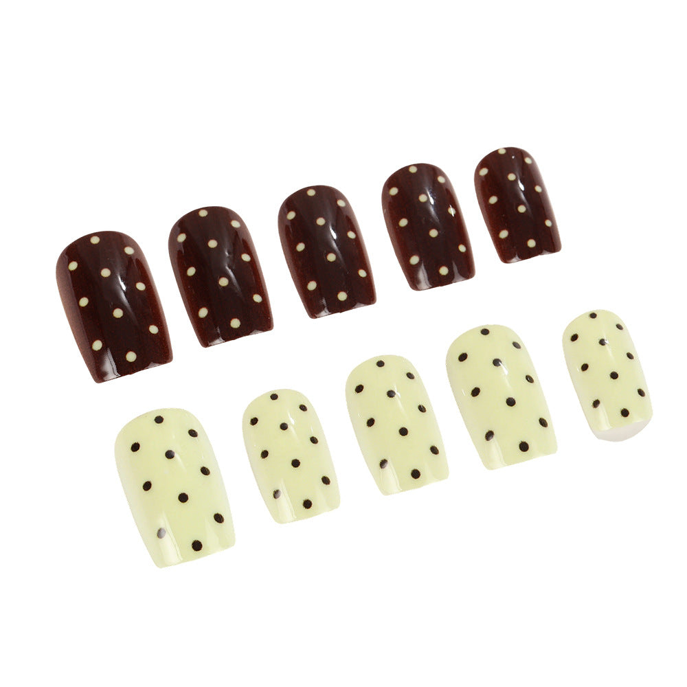 Charming Vintage Inspired Short Square Brown and Cream Dotted Press On Nail Set