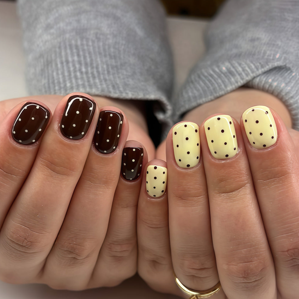 Choco Vanilla Delight Short Square Glossy Press Nail Set with Chic Polka Dots