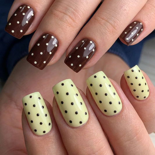 Charming Dots Short Square Brown and Yellow Press On Nail Set with Fun Polka Dot Design