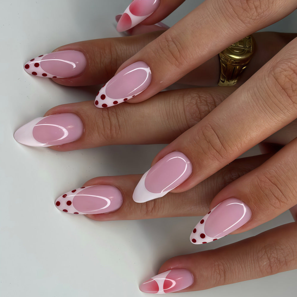 Whimsical Blossom Long Almond Pink Press on Nail Set with Dotted and Curved Accents