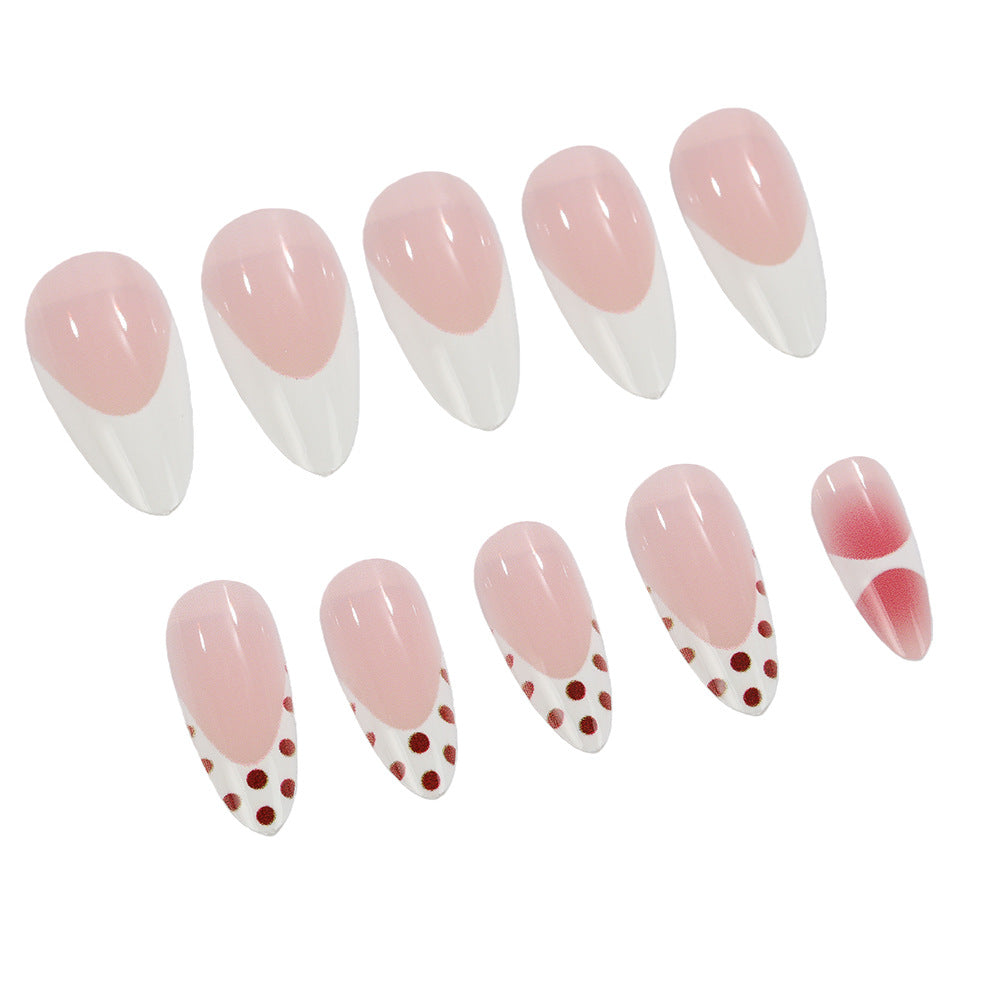 Chic Elegance Long Almond Pink and White Press On Nail Set with Dotted and Gradient Designs