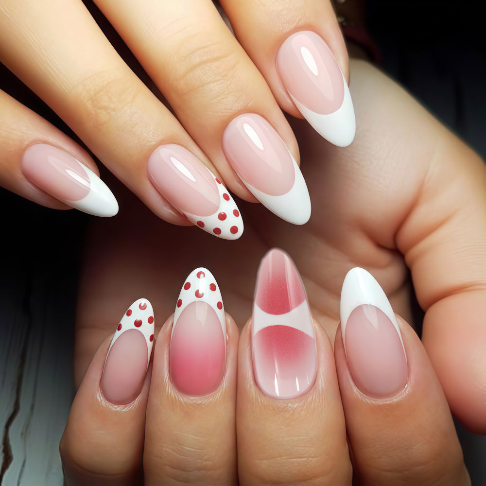 Charming Floral Delight Long Almond Pink and White Tips with Playful Polka Dot Accents Press On Nail Set