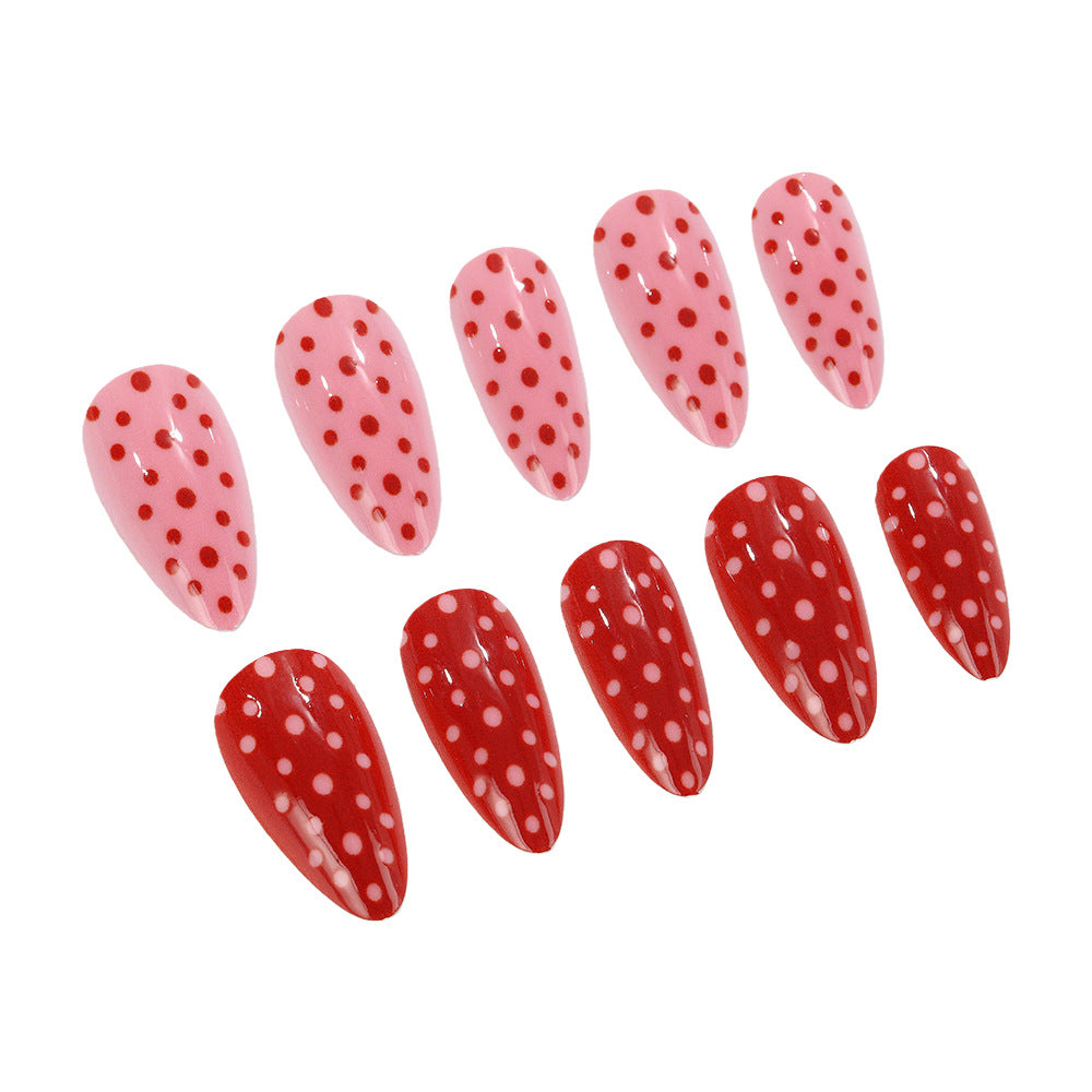 Vintage Charm Elegant Medium Almond Shaped Pink and Red Polka Dot Press on Nail Set