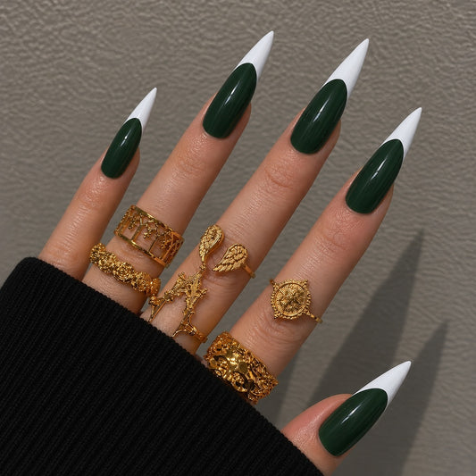 Mystical Elegance Long Stiletto Dark Green with Striking White Tips Press on Nail Set