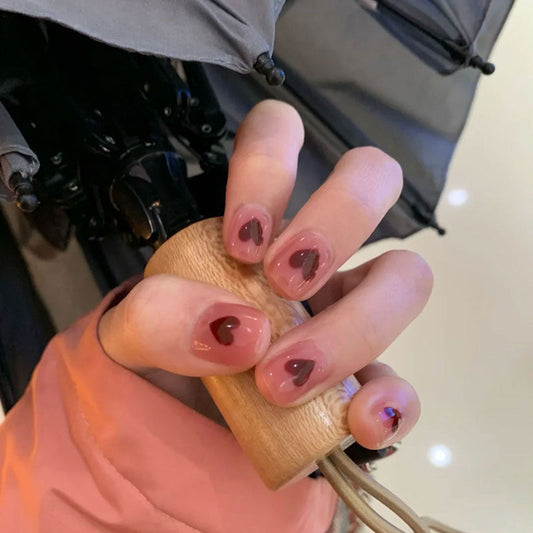 Elegant Romance Short Square Burgundy Press On Nail Set with Heart Accents