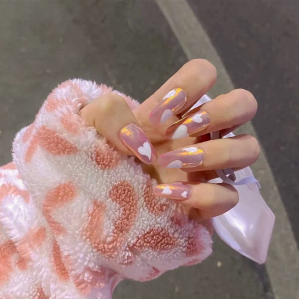 Whimsical Romance Extra Long Oval Pastel Pink Press On Nails with Heart Accents and Gold Flakes