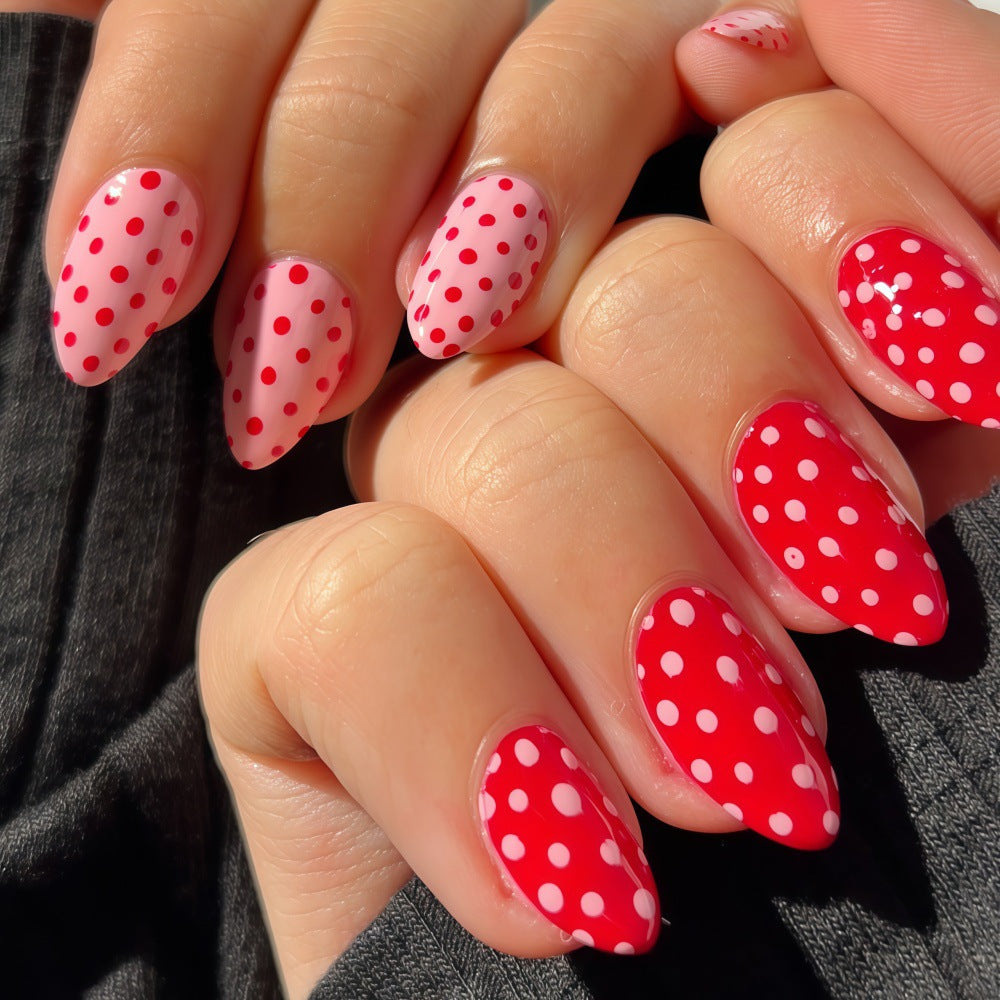 Charming Polka Dot Design Medium Almond Shape Red and Pink Color Glossy Finish Press On Nail Set