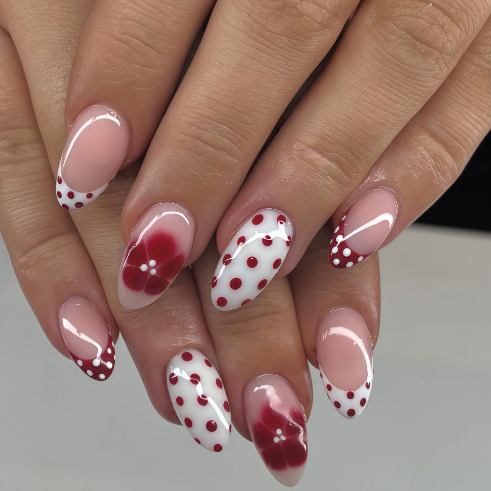 Blossoming Elegance Medium Almond Shaped Long Beige and Red Floral Design Press On Nail Set