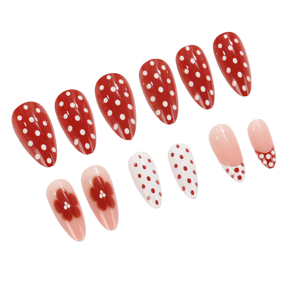Vintage Charm Glossy Medium Almond Red and Pink Polka Dot Press On Nail Set with Flower Accents