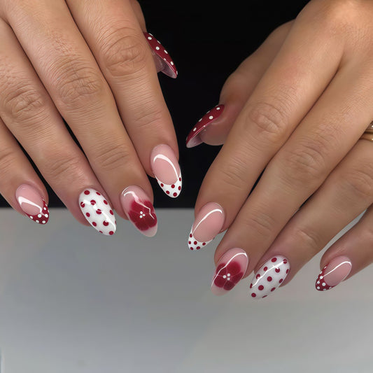 Chic Floral Charm Medium Almond Burgundy and White Gradient with Polka Dots Press On Nail Set