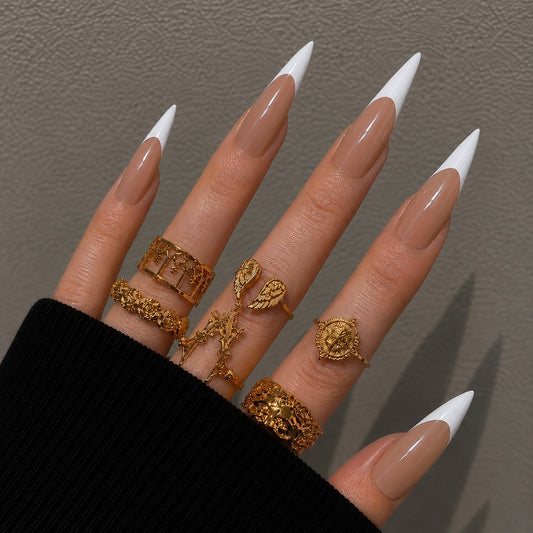 Glamorous Stiletto Long Beige with White Tip Press-On Nail Set for a Chic Look
