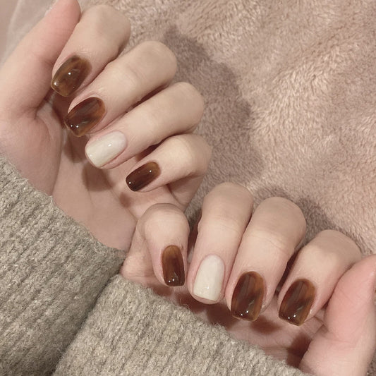 Autumn Elegance Medium Length Square Brown and Cream Ombre Press On Nail Set with High Gloss Finish