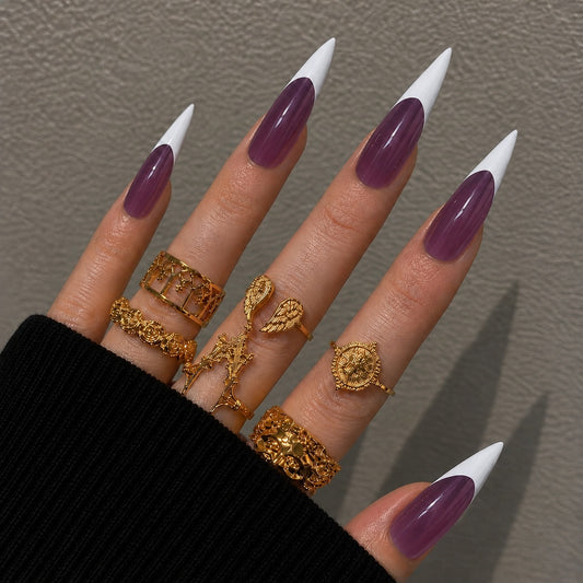 Glamorous Stiletto Long Purple and White Press on Nail Set with Unique Dual Tone Design