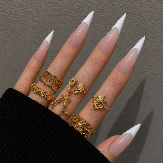 Glamorous Stiletto Long White Tip Press On Nail Set with Elegant French Design