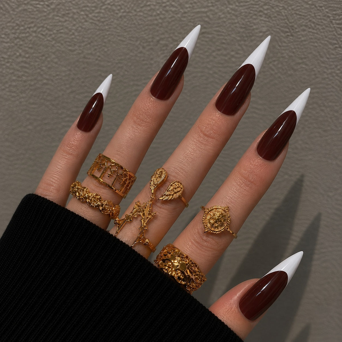 Glam Chic Long Stiletto Burgundy with Elegant White Tips Press On Nail Set