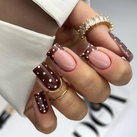 Charming Chocolate Dots Short Square Brown and Pink Press On Nail Set with Elegant White Polka Dots