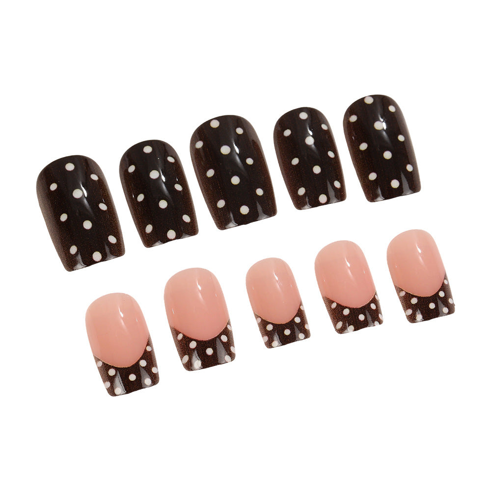 Chic Polka Dot Charm Short Square Brown and Pink Press On Nail Set with Glossy Finish